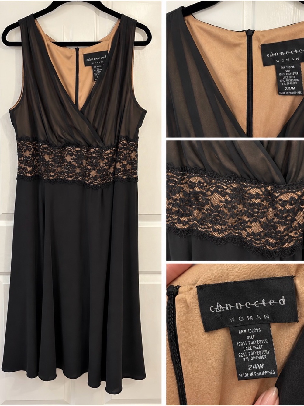 connected apparel Black Lace-Trim A-Line Slip Dress - Black/Tan